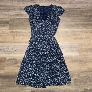 Brandy Melville Navy Blue Floral Wrap Midi Dress Medium Cottagecore Prairie Boho